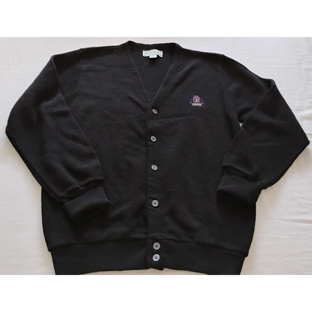 Vtg Izod Cardigan Sweater Mens Size M Black Embroidered Crest Grandpa Academia